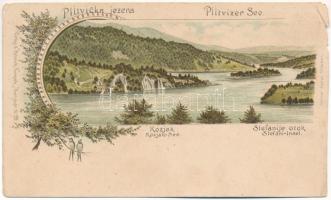 Plitvicka Jezera, Kozjak, Stefanije otok / Plitvitzer-Seen, Kozjak-See, Stefani-Insel / Plitvicei-tavak / Plitvice Lakes. Verlag v. Heinrich Krapek No. 27. Ottmar Zieher Art Nouveau, floral, litho (b)