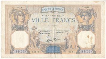 Franciaország 1938. július 7. 1000Fr T:VG folt, tűlyuk, szakadás France 1938. 7th of July 1000 Francs C:VG spot, pin holes, tear Krause P#90