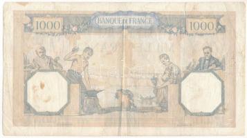 Franciaország 1938. július 7. 1000Fr T:VG folt, tűlyuk, szakadás
France 1938. 7th of July 1000 Fran...