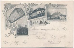 1899 (Vorläufer) Brinje, Uciona, Kotarska oblast, Braca Prpic, Frankopanska Gradina Brinje / Iskola, Kerületi hivatal, Prpic Testvérek üzlete, Sokolac vára / school, district office, shop, castle ruins. Art Nouveau, floral (EB)