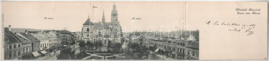 1901 Kassa, Kosice; Fő utca, dóm, üzletek. Eschwig Ede F. kiadása. Hajts Kornél felvétele. 3-részes kihajtható panorámalap / main street, cathedral, shops. 3-tiled folding panoramacard (r)