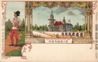 1900 Paris Universal Exposition Vajdahunyad Castle and hungarian soldier litho (EK)