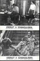 cca 1977 ,,Kísérlet a szabadulásra" című jugoszláv film jelenetei és szereplői, 6 db produkciós filmfotó (vitrinfotó, lobbyfotó) nyomdatechnikával sokszorosítva kartonpapírra, egyoldalas nyomással, a használatból eredő (esetleges) kisebb hibákkal, 18x24 cm