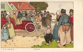 Dutch villagers with an automobile litho