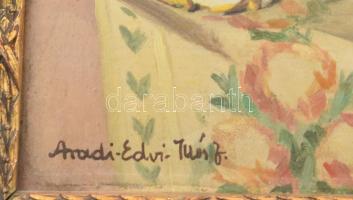 Aradi Edvi Illés Jenő (1886-1962): Csendélet porcelán figurákkal. Olaj, karton, jelezve balra lent. ...