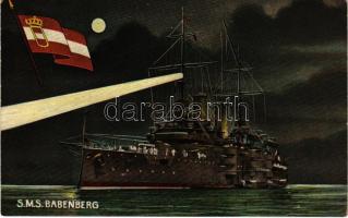 SMS BABENBERG osztrák-magyar haditengerészet Habsburg-osztályú pre-dreadnought csatahajó este. G. Fano Pola, 1908/9. No. 25. / K.u.K. Kriegsmarine Linienschiffe am Nacht / WWI Austro-Hungarian Navy, SMS Babenberg pre-dreadnought battleship at night