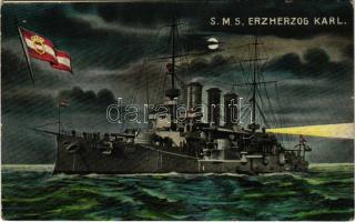 SMS ERZHERZOG KARL osztrák-magyar haditengerészet pre-dreadnought csatahajó este. G. Fano Pola, 1908/9. No. 11. / K.u.K. Kriegsmarine Linienschiffe am Nacht / WWI Austro-Hungarian Navy, SMS Babenberg pre-dreadnought battleship at night (EK)