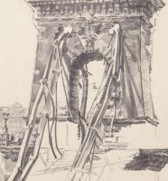 Ifj. Richter Aladár (1898-1950): Lánchíd romokban, Budapest, 1945, az ostrom után. Ceruza, papír, je...