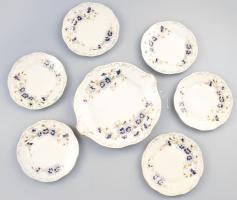 Zsolnay búzavirág mintás porcelán süteményes készlet, hat személyes, kézzel festett, jelzett, hibátlan