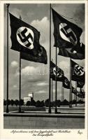 Nürnberg, Stadt der Reichsparteitage, Fahnentürme auf dem Zeppelinfeld mit der Kongresshalle / German Nazi propaganda with swastika flags + "1938 Nürnberg Reichsparteitag der NSDAP" So. Stpl