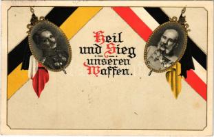 Heil und Sieg unseren Waffen / Első világháborús Viribus Unitis propaganda II. Vilmos császárral és Ferenc Józseffel, zászlók / WWI K.u.k. and German propaganda, Wilhelm II and Franz Joseph, flags. Erika