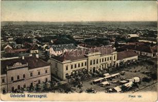 1906 Karcag, Piac tér, Járásbíróság, Arany Bárány szálloda, Kausz Soma üzlete, Városi takarékpénztár (fl)