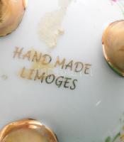 Limoges porcelán tojás. Kézzel festett, jelzett, hibátlan, belül is festett, réz kerettel. 10 cm