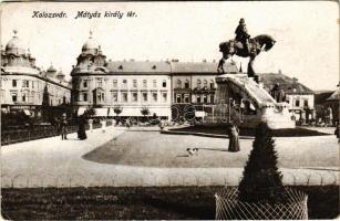 1918 Kolozsvár, Cluj; Mátyás király tér és szobor, Haraszthy Jenő üzlete / square and monument, shops (EK)