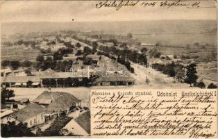 1904 Székelyhíd, Sacueni; Alsóváros a Kossuth utcával. Fejér Ferenc fényképész kiadása / street + "NAGY-VÁRAD-ÉR-MIHÁLYFALVA 121. SZ." vasúti mozgóposta