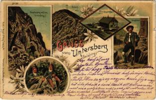 1904 Salzburg, Gruss vom Untersberg. Dopplersteig auf den Untersberg, Geieck, Untersberghaus, Bergführer / mountain, hikers, dwarves, tourist house. Regel &amp; Krug Art Nouveau, floral, litho (tears)