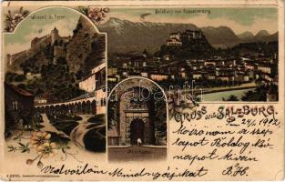 1902 Salzburg, Friedhof St. Peter, Neuthor, Salzburg vom Kapuzinerberg / cemetery, castle gate, general view. Kunstanstalt Lautz &amp; Isenbeck Art Nouveau, floral, litho (small tear)