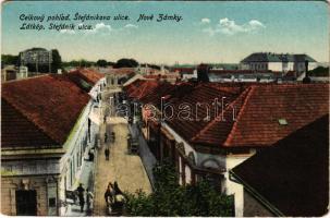 Érsekújvár, Nové Zámky; Stefánikova ulice / Stefánik utca, Groszman Jónás üzlete / street view, shop (kopott sarkak / worn corners)