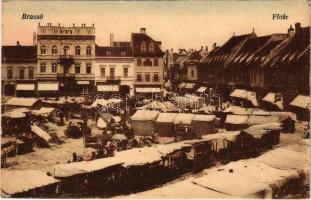 1918 Brassó, Kronstadt, Brasov; Fő tér, piac, Robert Weber és Alfred Gebauer üzlete. Vasúti levelezőlapárusítás 225. / main square, market, shops (EK)