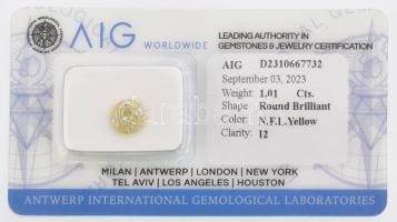 Gyémánt 1,01 ct világos sárga, kerek briliáns csiszolással I2; 6,42x6,37x3,87 mm AIG tanúsítvánnyal