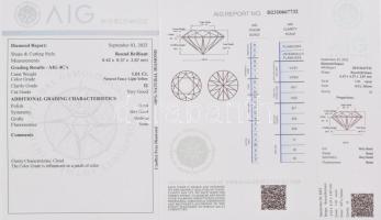 Gyémánt 1,01 ct világos sárga, kerek briliáns csiszolással I2; 6,42x6,37x3,87 mm AIG tanúsítvánnyal