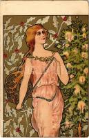 Karácsony / Christmas lady. Art Nouveau litho postcard s: Kieszkow (EB)