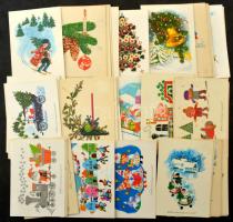 52 db MODERN magyar retro karácsonyi grafikai üdvözlő képeslap vegyes minőségben, kis dobozban / 52 modern Hungarian retro Christmas graphic greeting postcards in mixed quality, in small box