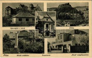 1943 Fülek, Filakovo; Egészségház a várral, látkép, Hősök szobra, emlékmű, Templom tér, Turul mozgóképszínház (mozi) / castle ruins, general view, military monument, church, cinema (EK)