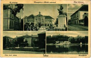 1941 Tolna, Új laktanya, Községháza a Hősök szobrával, Régi laktanya, Római katolikus elemi iskola, Strandfürdő (felületi sérülés / surface damage)