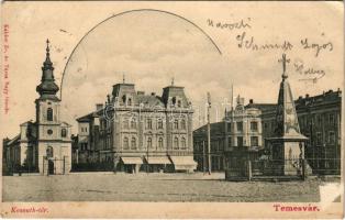 1903 Temesvár, Timisoara; Kossuth tér, emlékmű, templom, Brüder Kohn üzlete, Takarékpénztár / square, monument, church, shop, savings bank (EK)