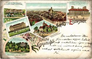 1907 Kismarton, Eisenstadt; Katonai alreáliskola, Eszterházy Herceg várkastély, Mária templom, Kálváriatemplom Felsőkismartonhegyen. Anton Pinter kiadása / K.u.k. Militär Unter Realschule, Wallfahrts Kirche, Gartenansicht d. fürstl. Residenz, Marientempel im fürstl. Schlosspark / military school, castle, churches. Art Nouveau, floral, litho