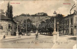 1907 Kolozsvár, Cluj; Séta téri bejárat, Fellegvár, Diána gőzfürdő, vízgyógyintézet és uszoda, kerékpár. Schuster Emil kiadása / promenade entrance, spa, swimming pool, bicycle (felszíni sérülés / surface damage)