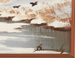 Barnóczky György (1948-): Téli táj, faluvég (vaddisznók). Olaj, farost, jelezve jobbra lent. Fakeret...