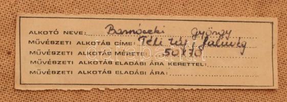 Barnóczky György (1948-): Téli táj, faluvég (vaddisznók). Olaj, farost, jelezve jobbra lent. Fakeret...