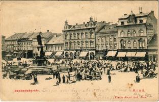 1902 Arad, Szabadság tér, piac, Ipar és Népbank, Adria Biztosító, Kuttn Gyula és Hubatschek T. üzlete / square, market, bank, insurance company, shops (fl)