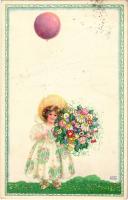 1921 Art Nouveau girl with balloon and flowers. P.J.G. W.I. Nr. 506-1. litho s: August Patek (fl)