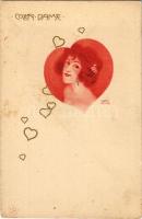 Coeur Dame / Art Nouveau lady with hearts. E.S.D.B. litho s: Carl Józsa (fl)