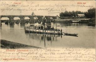 1904 Szolnok, Tisza híd, Móricz liget, &quot;SIRÁLY&quot; csavaros vontató gőzhajó (a hajónév felett a &quot;MÁK&quot; vagyis Magyar Állami Kotrások felirat). Ragács Gyula felvétele (Rb)