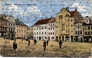 1919 Bielsko-Biala, Bielitz; Ringplatz mit Pilsner Hof / square, shops (EK)