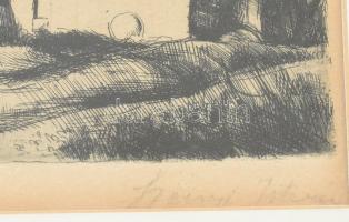 Szőnyi István (1894-1960): Faluvége. Rézkarc, papír, jelzett. Üvegezett fakeretben, 16,5x22 cm