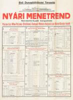 1929 Első Dunagőzhajózási Társaság (DDSG) nyári menetrend, személyhajó forgalom Passau-Linz-Wien-Pozsony (Bratislava)-Budapest-Mohács-Belgrad-Lom-Russe-Giurgiu között. Hirdetmény, plakát. Bp., Általános Nyomda Rt., hajtva, kisebb lapszéli szakadásokkal, 63x47 cm