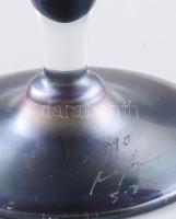 1990 feltehetően francia üvegművész: Fémlüszteres talpas üveg kínáló. Jelzett, kopással, d: 18,5 cm,...