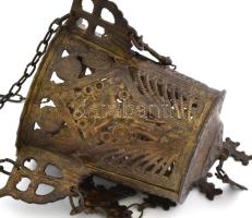 XIX. sz., Ortodox templomi égőtartó, aprólékos díszítményekkel, bronz, m: 7 cm, lánccal 32 cm