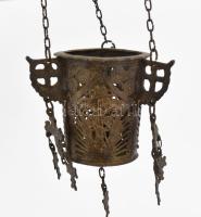 XIX. sz., Ortodox templomi égőtartó, aprólékos díszítményekkel, bronz, m: 7 cm, lánccal 32 cm