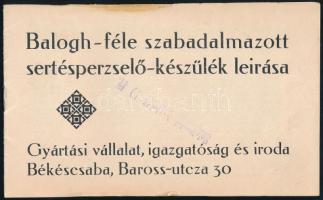 cca 1930 Balogh-féle szabadalmaztatott sertésperzselő-készülék leírása. Békéscsaba 14p. Képes illusztrációkkal