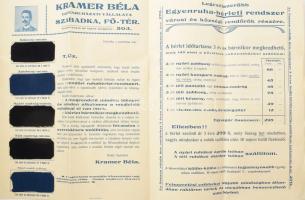 cca 1910 Szabadka, Kramer Béla egyenruha vállalata reklám nyomtatvány, termék mintákkal 4 p