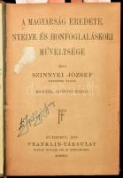 Kolligátum 13 műből, Olcsó Könyvtár és Magyar Könyvtár sorozatos és egyéb művekből:   1. Szinnyei József: A magyarság eredete, nyelve és honfoglaláskori műveltsége. Bp., 1919, Franklin, 74+1 p. Második, javított kiadás.;  2. Béla király névtelen jegyzőjének könyve a magyarok tetteiről. Ford.: Szabó Károly. Ford. javította és bevezetéssel ellátta: Mika Sándor. Bp., én.,Lampel R. (Wodianer F. és Fiai) Rt.,70+1 p.;  3. Roger mester siralmas éneke a tatároktól elpusztított Magyarországról. Ford., bevezetéssel és magyarázó jegyzetekkel ellátta: Dr. Turchányi Tihamér. Bp.,(1904),Lampel R. (Wodianer F. és Fiai) Rt.,100+4 p.;  4. Csánki Dezső: Rajzok Mátyás király korából. Bp., én.,Lampel R. (Wodianer F. és Fiai) Rt., 88 p. ;   5. Gulyás Pál: Mátyás király könyvtára. Bp., 1916, Franklin, 68 p.;  6. Szemelvények Bonfiniból. (Képek Mátyás király korából.) Ford., bevezetéssel és jegyzetekkel ellátta: Dr. Császár Mihály. Bp., (1905.),Lampel R. (Wodianer F. és Fiai) Rt., 79+1p.;   7., Galeotto Marzio könyve Mátyás király találó, bölcs és tréfás mondásairól és cselekedeteiről. Ford., bevezetéssel és jegyzetekkel ellátta: Császár Mihály. Bp., (1901.),Lampel R. (Wodianer F. és Fiai) Rt.,79+1 p.;   8., Brodarics históriája a mohácsi vészről. Ford., bevezetéssel és jegyzetekkel ellátta: Dr. Szentpétery Imre. Bp.,(1908.),Lampel R. (Wodianer F. és Fiai) Rt., 53+3 p.;   9., Szalárdi János siralmas krónikája. Szemelvények. Kiadta Angyal Dávid. Bp.,(1898.),Lampel R. (Wodianer F. és Fiai) Rt., 63+1 p.;   10. Mindszenthi Gábor naplója. Szemelvények altorjai báró Apor Péter "Metamorphosis Transilvaniae" c. művéből. Kiadta és bevezetéssel ellátta: Dr. Balló István. Bp., (1900.),Lampel R. (Wodianer F. és Fiai) Rt.,68+4 p.;  11-12. II. Rákóczi Ferenc vallomásaiból. I-II. füzet. Ford.: Kajlós Imre. Bp., (1903-1904.),Lampel R. (Wodianer F. és Fiai) Rt., 53+3 p.79+1 p.;  13. Balogh Pál: A magyar faj uralma. Bp.,(1903.),Lampel R. (Wodianer F. és Fiai) Rt., 72 p.;    Átkötött félvászon-kötés, az elülső tábla belsején tartalomjegyzékkel, kopott borítóval, körbevágottak, névbejegyzésekkel, az utolsó lapon ceruzás bejegyzéssel.