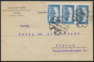 1923 Inflációs levelezőlap 8. periódus Parlament 3 x 50K bérmentesítéssel &quot;GYŐR&quot; - Zürich