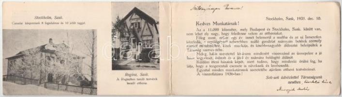 1935 A Szociális Testvérek Társaság kinyitható lapja: Los Angelesi testvéreink és a Californiai központ és egyben lelkigyakorlatos ház, Auriesville (New York) keleti rész noviciátusa, Stockholm (Saskatchewan) Canadai központunk 8 fogadalmas és 10 jelölt taggal, Regina (Saskatchewan) az itt tanuló testvérek leendő otthona - Magyarok Amerikában és Kanadában / Hungarians in the USA and Canada - 2-tiled folding (non PC) card (EK)