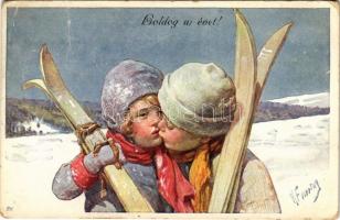 1921 Boldog új évet! Téli sport, puszilózó gyerekek sílécekkel / New Year greeting, children kissing with skis, winter sport. B.K.W.I. 613-3. s: K. Feiertag (Rb)